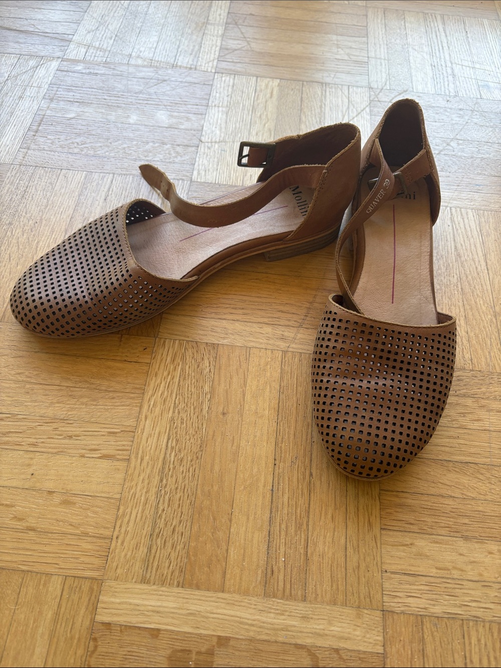 Mollini Leather Brown Perforated Ankle-Strap Flats